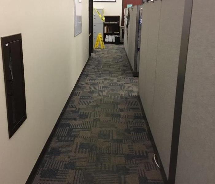 carpeted hallway in building with wet floor sign