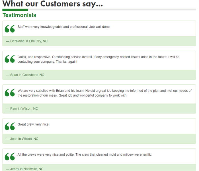 screenshot of web page showing customer testimonials for SERVPRO of Wilson/Nashville