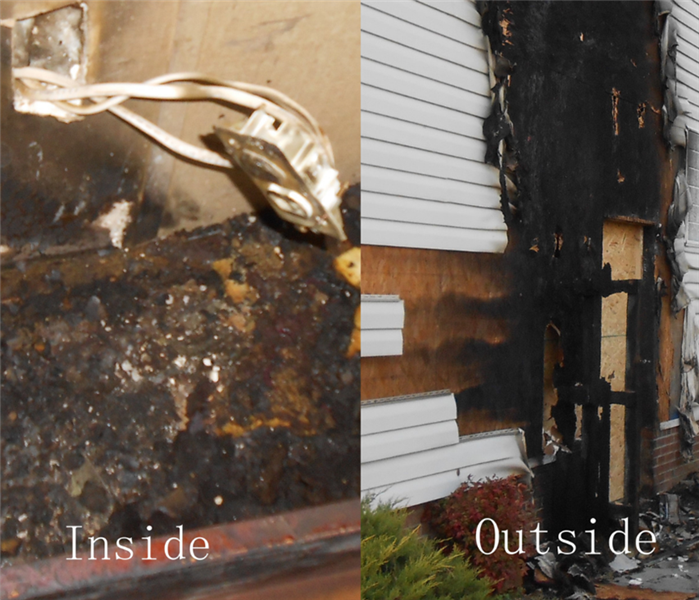 Pictures of fire damage inside and outside of home.